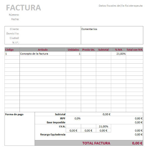 Plantilla de factura para fisioterapeutas