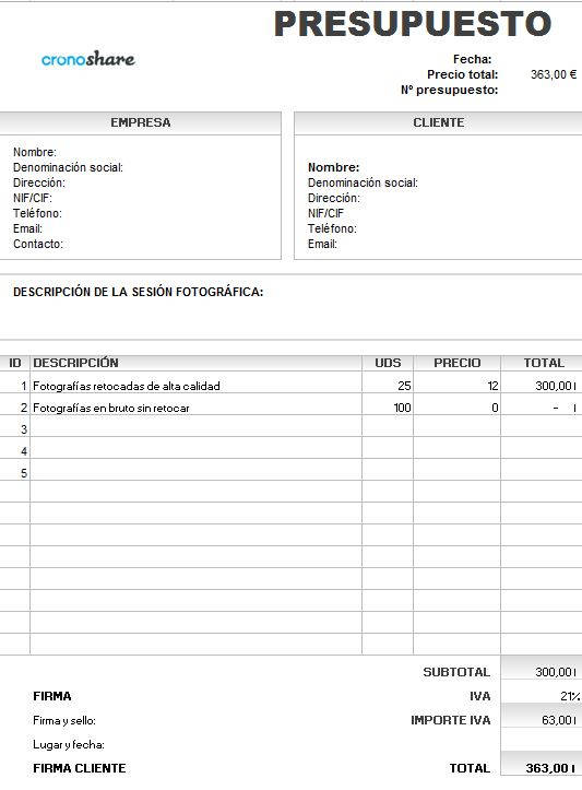 plantilla presupuesto fotografia