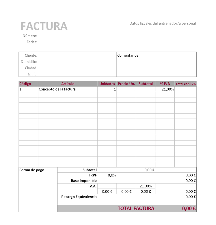 Plantilla de factura para entrenadores personales