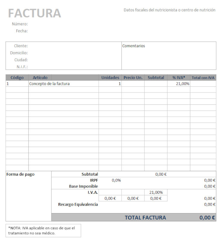 Plantilla de factura para nutricionistas