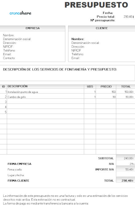 Plantilla de presupuesto de fontanería