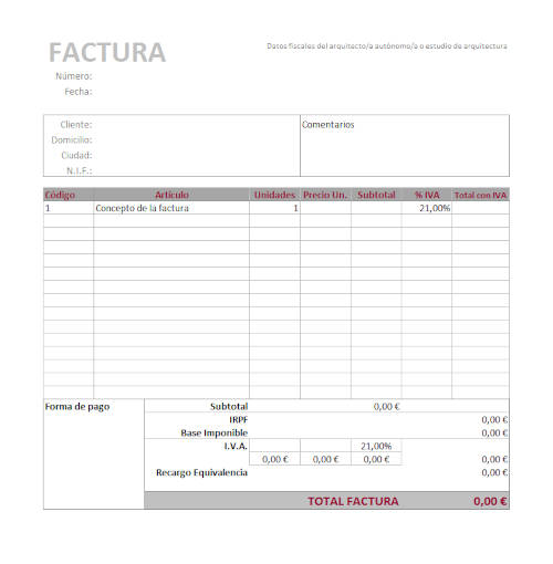 Modelo de factura para arquitecto