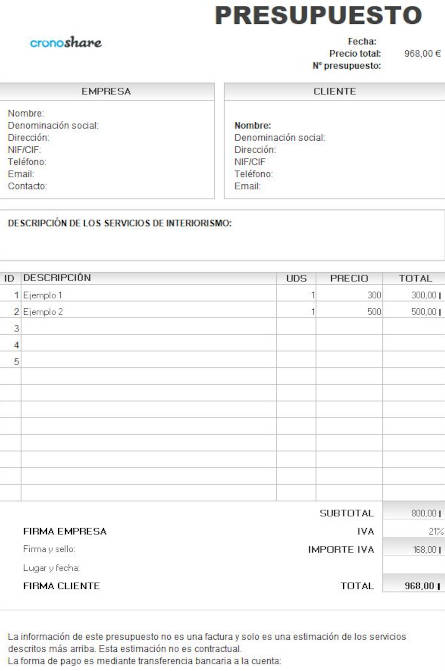 Plantilla de presupuesto de diseño de interiores