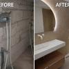 Transformación completa de baño antiguo a diseño moderno con iluminación integrada y acabados premium.